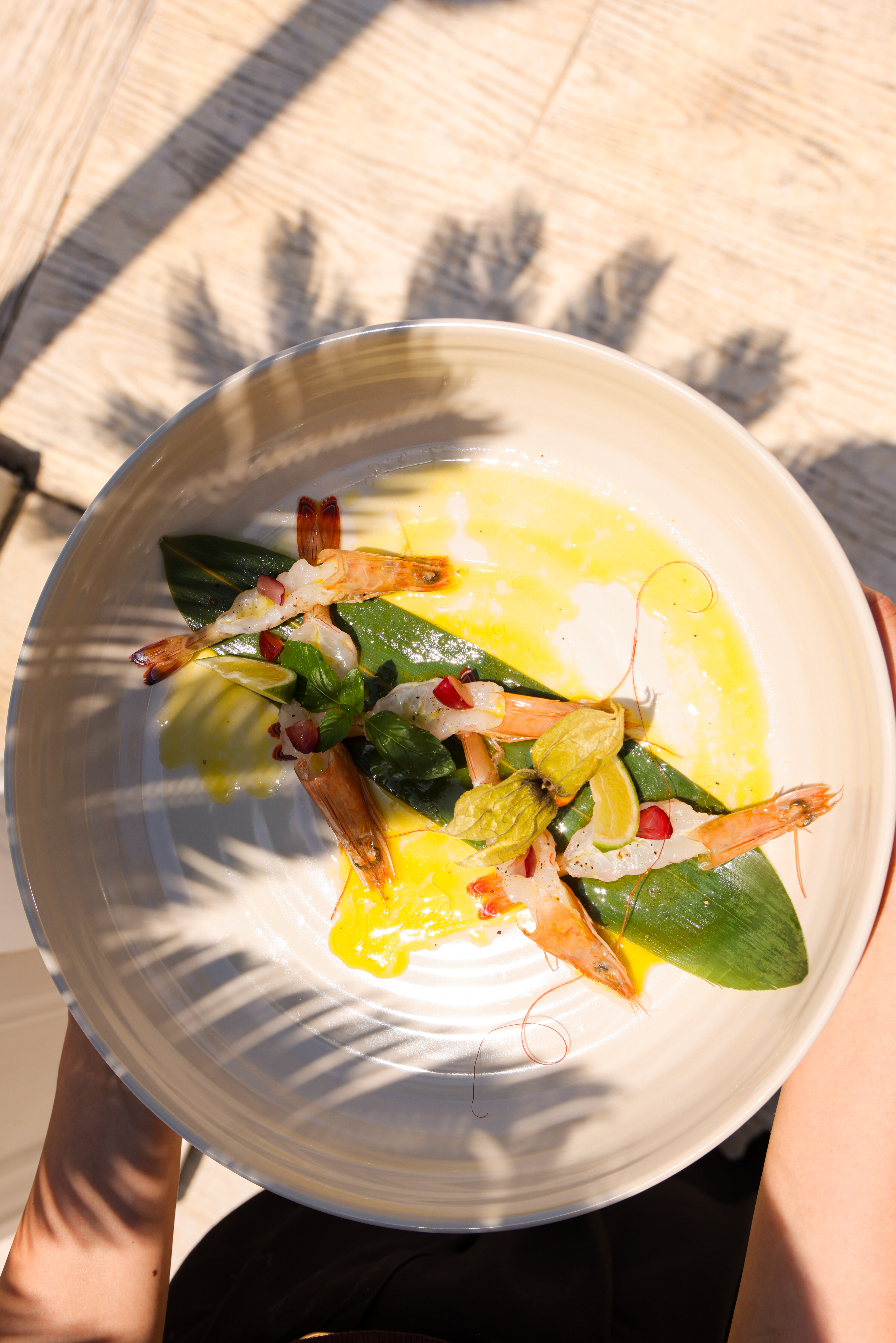 Shrimp with citrus sauce and palm shadow
